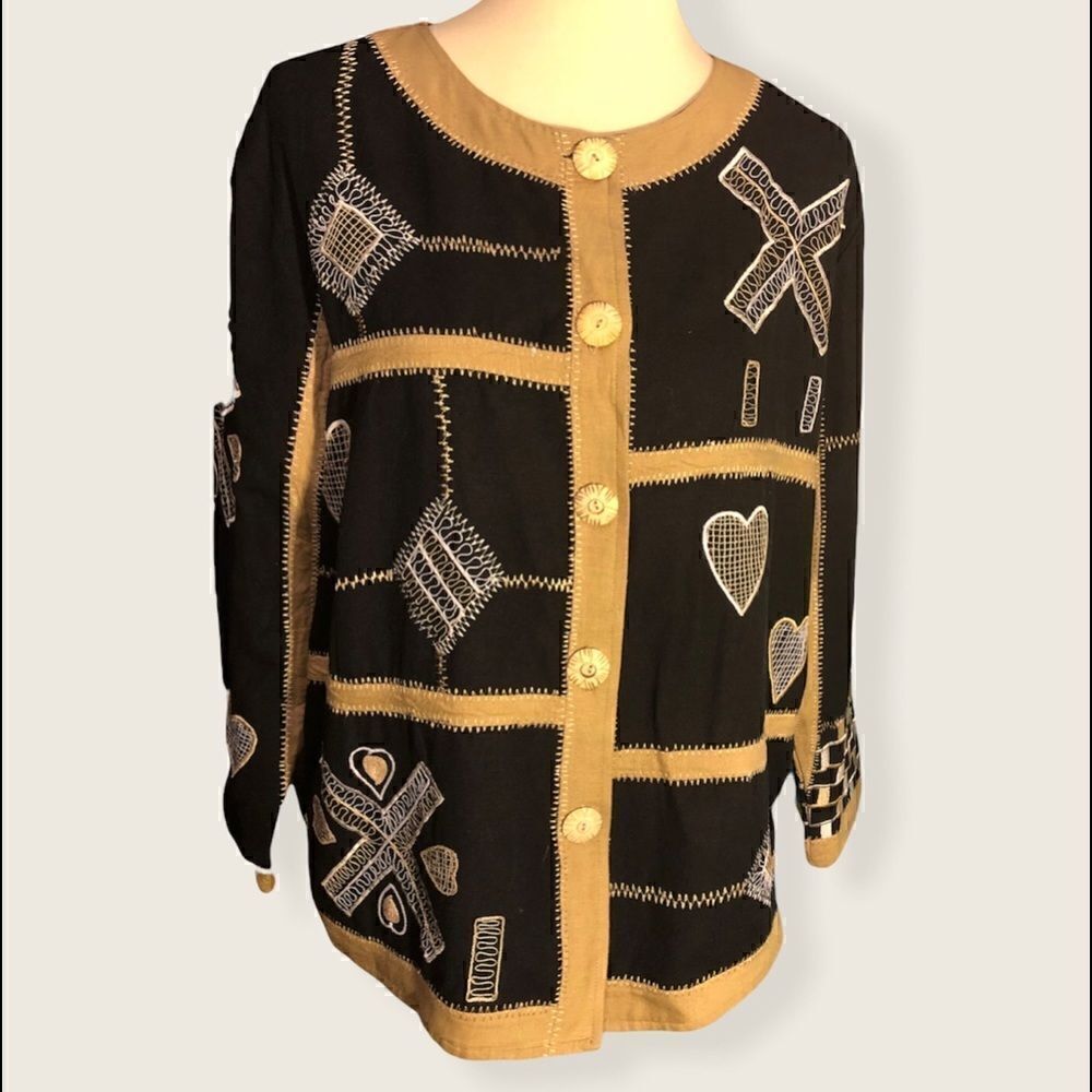 Flax Allure shacket type embroidered patchwork womens top size M